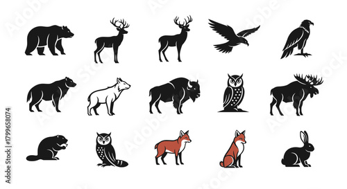 Majestic wildlife collection featuring iconic forest and plains animals like bears, deer, eagles, and foxes rendered in bold, modern silhouette style