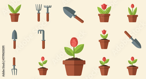 Vibrant garden tools and blooming tulips in pots create a cheerful springtime scene for your creative projects