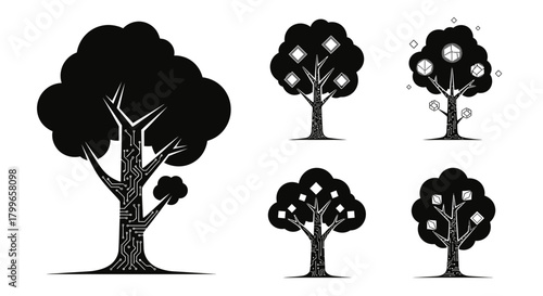 Innovative digital trees symbolize growth, technology, and data with circuit board trunks and geometric fruit