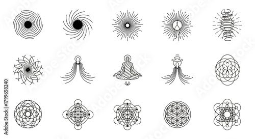 Sacred geometry symbols and meditation icons for spiritual, wellness, and abstract design projects seeking unique visual elements