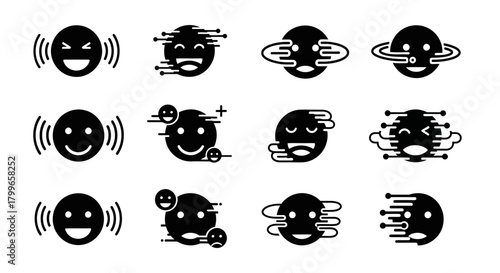 Expressive emoji icons capturing a range of dynamic emotions and reactions with bold graphic style