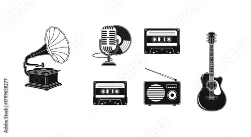 Iconic vintage music collection featuring a gramophone, retro microphone, cassette tapes, radio, and acoustic guitar for nostalgic design