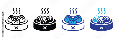 Collection of stylized icons depicting steaming dumplings in bamboo baskets, representing asian cuisine and food preparation.