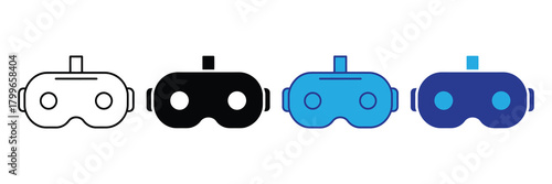 Set of four virtual reality headset icons in outline, solid black, bright blue, and dark blue, representing immersive technology and gaming experiences.