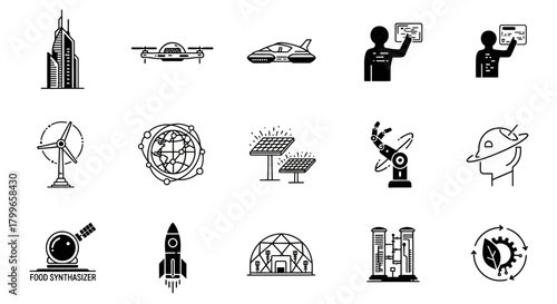 Explore futuristic innovations and advanced technologies shaping tomorrow's world with these modern, clean icons, perfect for inspiring your next project.