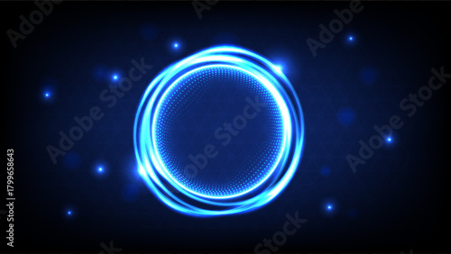 Bright blue circular halo with swirling light trails and dotted texture on a dark futuristic background