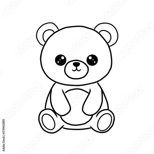 Simple and round cartoon bear illustration sitting down with a friendly expression. Minimalist black and white line art vector graphic, ideal for quick designs
