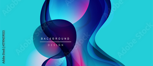 Abstract flowing shapes, vibrant colors, turquoise backdrop. Modern design elements create dynamic visual impact. Background text present.