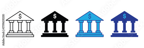 Bank building icons with dollar sign, representing financial institutions, finance, and commerce, available in outline, solid black, light blue, and dark blue styles.