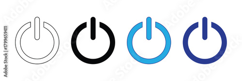 Set of four power button icons in various colors including outline, black, light blue, and dark blue on a white background for digital applications.