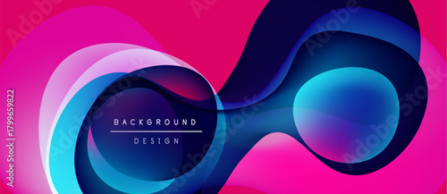 Abstract flowing shapes, vibrant pinks, blues create dynamic background. Modern design elements suggest movement, energy.