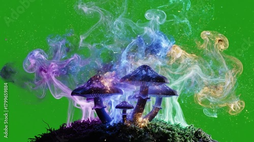 Electric green aura surrounds glowing mushrooms with glowing tendrils of energy flowing effect green screen energy fields style
