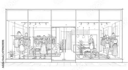 Minimalist storefront sketch of a modern boutique featuring full-glass frontage, clean linear geometry, structured window bays, and a streamlined retail façade.