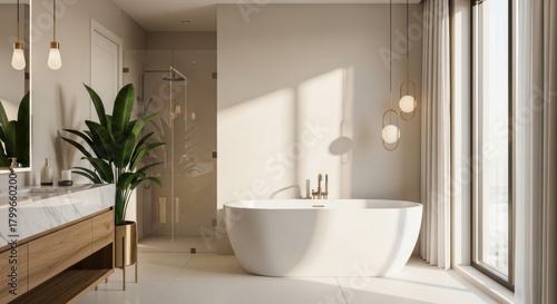 Modern minimalist bathroom with white freestanding tub, wooden vanity, glass shower, gold lights and green plant in warm natural light