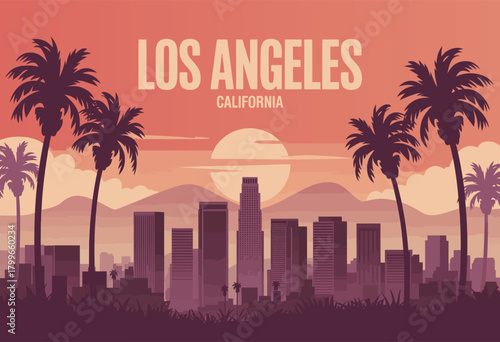 American travel destination poster featuring los angeles cityscape with skyscrapers, palm trees, and sun, cartoon flat vector illustration ideal for tourism and vacation wall art.
