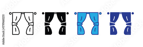 Set of four curtain icons: outline, filled black, blue outline, and solid blue, representing window treatments for home decor, interior design, and privacy.