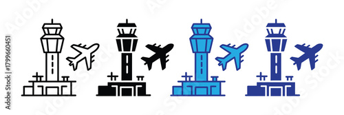 Collection of airport control tower icons with airplanes in various styles: outline, silhouette, and colored vector graphics.