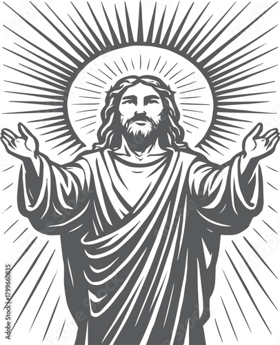 Divine Radiance: A majestic figure, radiating light and serenity, extends open arms, conveying a sense of compassion and grace. The image embodies a sense of spiritual peace and hope.