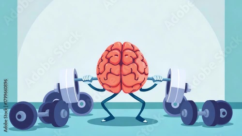 Brain with a barbell, cartoon illustration style. Concept of brain pumping, mental training, development and learning, human brain