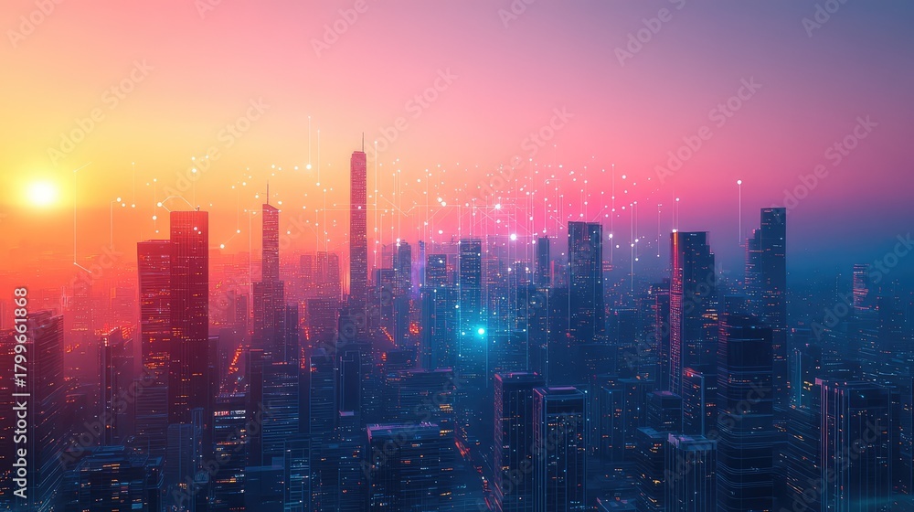 Fototapeta premium Smart city network connecting buildings at sunset