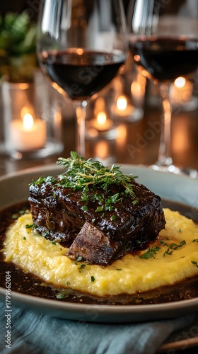 Exquisite Gourmet Meal with Braised Beef and Creamy Polenta: A Candlelit Fine Dining Experience Featuring Wine Pairing and Elegant Presentation