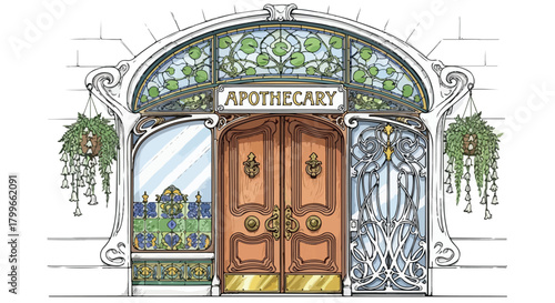 Decorative architectural sketch of a vintage apothecary storefront with ornate stained-glass arch, carved wooden door, hanging plants, and classic heritage detailing.