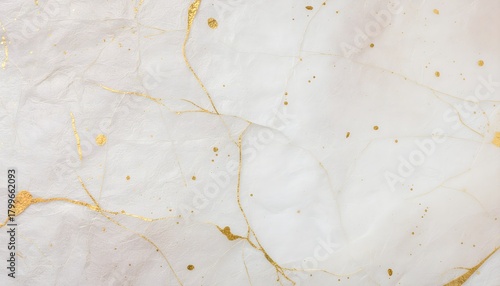 Hyper-detailed layered white rice paper texture, crumpled, scattered gold leaf flakes, organic crackle pattern, bright artistic background.