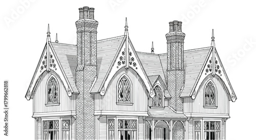 Architectural sketch of a European cottage-style residence with steep gabled roofs, ornate chimneys, symmetrical windows, and detailed heritage architectural character.