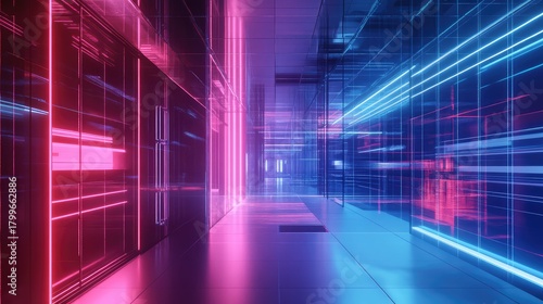 Fototapeta Naklejka Na Ścianę i Meble -  Futuristic digital corridor with glowing neon lights