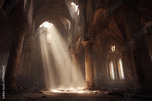 A half-collapsed ancient cathedral interior illuminated by powerful beams of sunlight cutting through the dusty air.