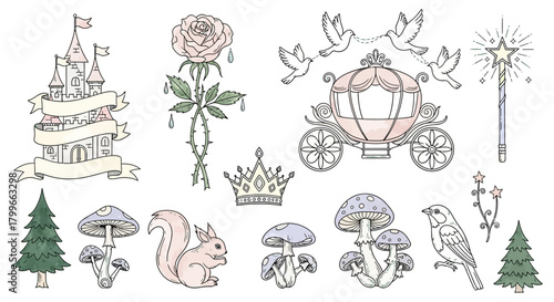 Enchanting Fairytale Wedding Vector Collection - Castle & Magical Forest Line Art Elements