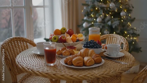 Wallpaper Mural Festive Christmas Morning Breakfast with Fresh Fruits Croissants and Juices on a Wicker Table. Torontodigital.ca