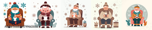 vector of a grandfather sitting drinking warm coffee in the snow