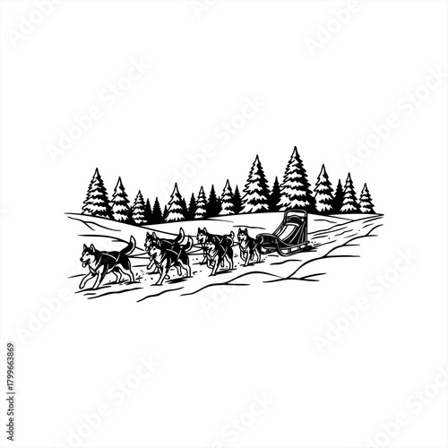 Winter adventure dog sledding icon for outdoor activity designs