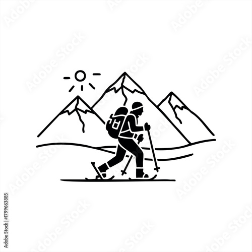 Winter mountain hiking and adventure icons for outdoor enthusiasts