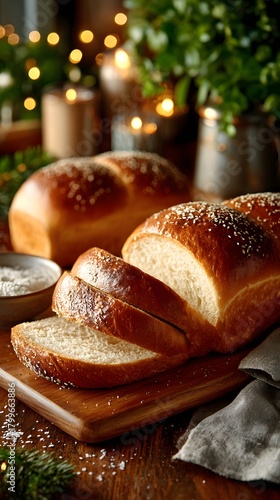 Artisan Sliced Fresh Bread in Cozy Kitchen: Festive Holiday Ambiance and Elegant Table Setting with Warm Baked Goodness