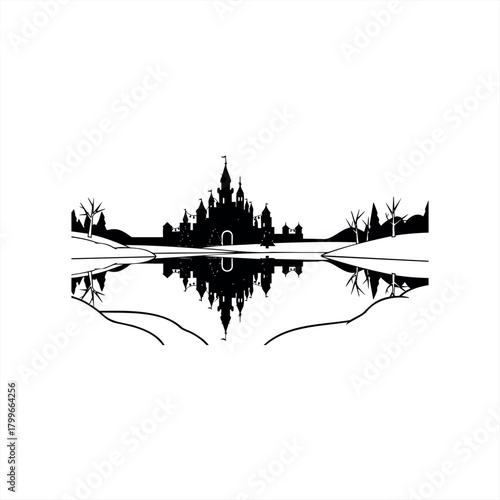 Fantasy castle and nature reflection icons for storytelling and enchantment designs