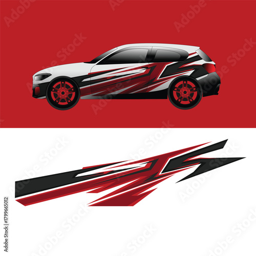 Aggressive car livery design featuring sharp red, black, and white geometric shapes with dynamic racing