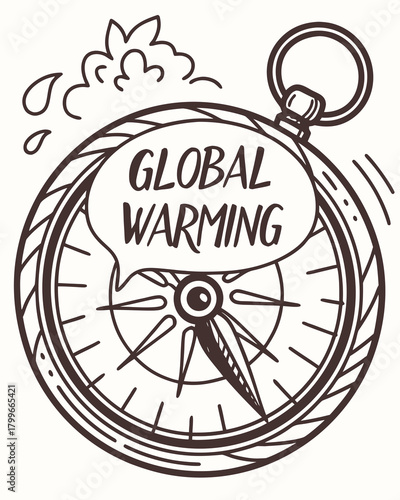 Compass pointing to the highlighted "Global Warming" warning.