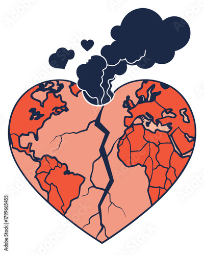 Earth shaped like a cracked heart with smoke rising from the fissures.