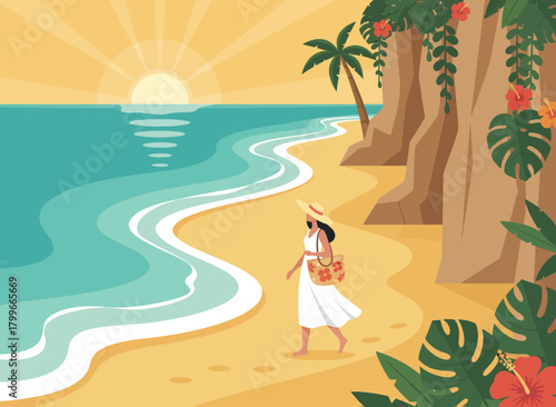 Coastal Wedding Sunset Background – Bride Walking on Romantic Beach Shore Vector