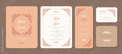 Elegant wedding invitation suite with floral ornaments featuring save the date RSVP and thank you cards perfect for a classic and romantic celebration