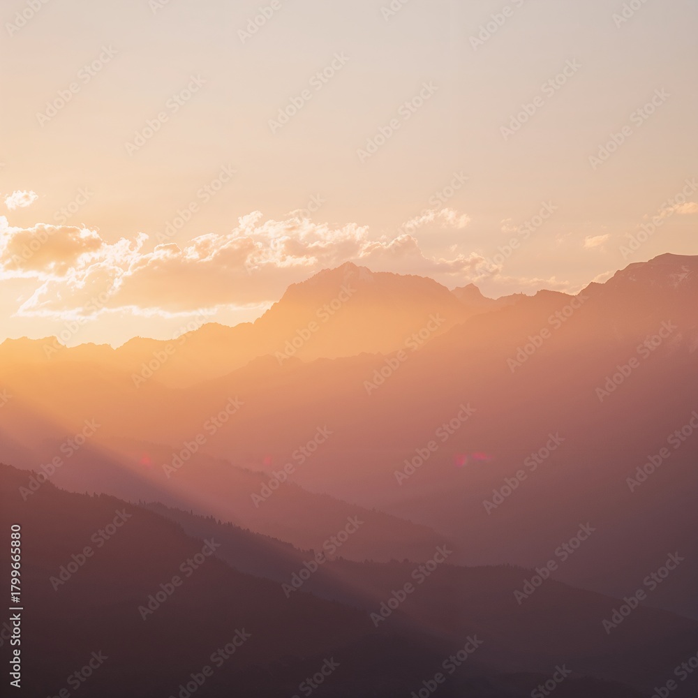Obraz premium The mountains are covered in clouds and the sun is setting