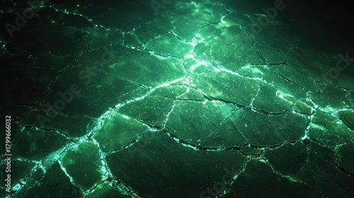 Glowing green energy cracks illuminating dark abstract ground
