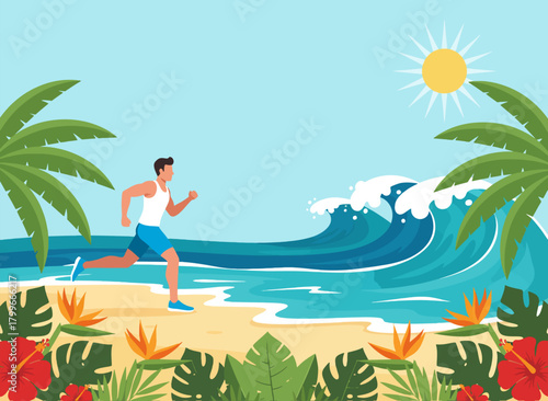 Beach Jogging Background – Man Running on Sand near Ocean Coast Vector