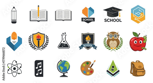Education-themed illustrations including pencils, books, science tools, and an apple