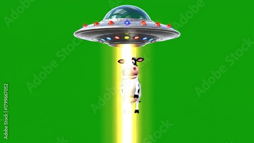Animated cow abduction by a UFO with a green screen background in cartoon style animation, and