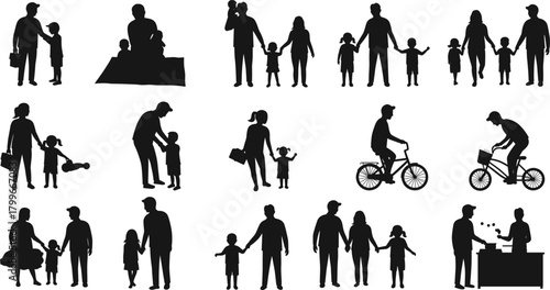 Silhouette family scenes with parents and children playing, walking, cycling, and spending quality time together, family love, relationship, and parenting concept illustration.
