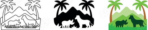 African safari wildlife scene with lion and rhino in front of mountains and palm trees icon