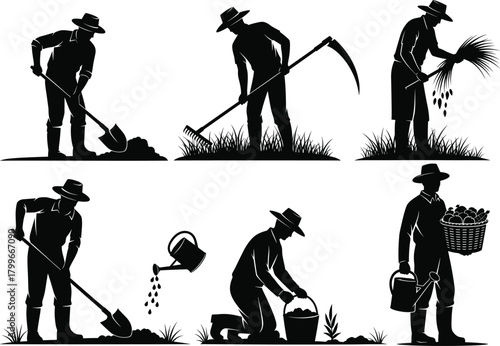 Silhouette farmer working in field with shovel, scythe, watering and harvesting crops, traditional agriculture and farming process vector illustration